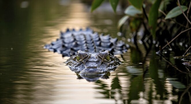  A crocodile submerged in water with only its eyes above surface - Powered by Adobe