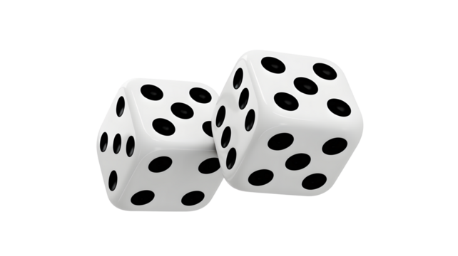 Two white dice with black pips arranged in a close up view isolated on transparent background