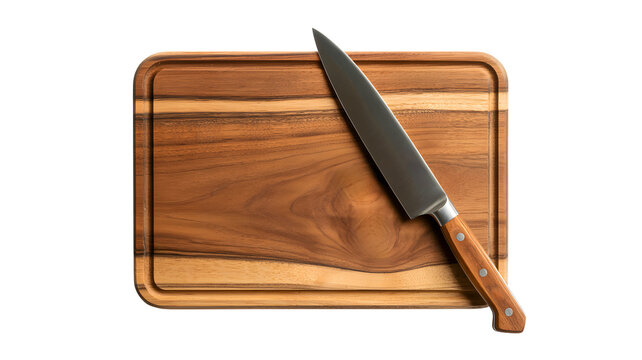 Sharp stainless steel kitchen knife resting diagonally on a rustic wooden cutting board isolated on transparent background - Powered by Adobe