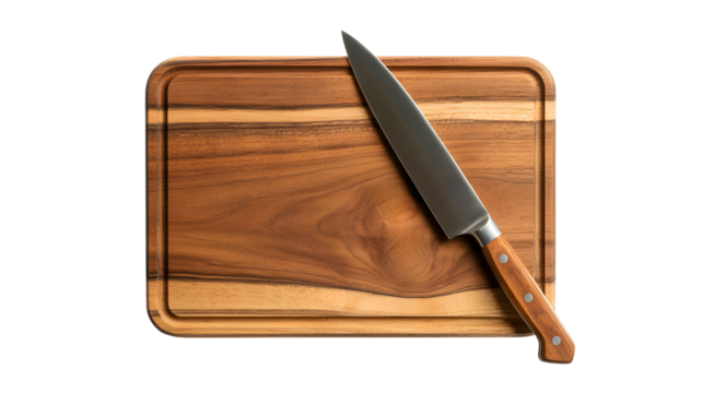 Sharp stainless steel kitchen knife resting diagonally on a rustic wooden cutting board isolated on transparent background