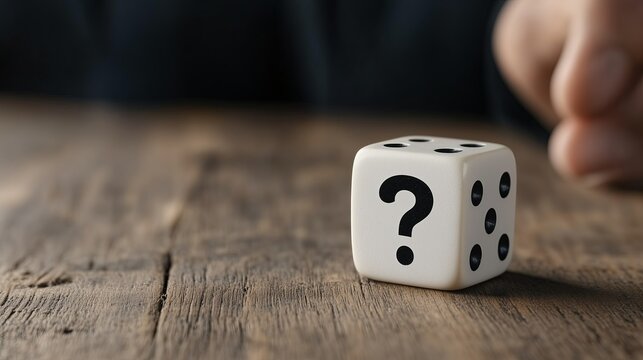 Close-up of a question mark die on a rustic wooden table during game time - Powered by Adobe
