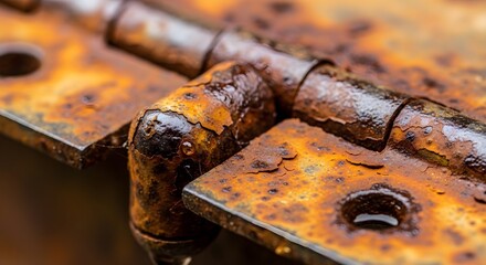 Close-up of a heavily rusted metal hinge, showing textured corrosion and patina in a close-up view.