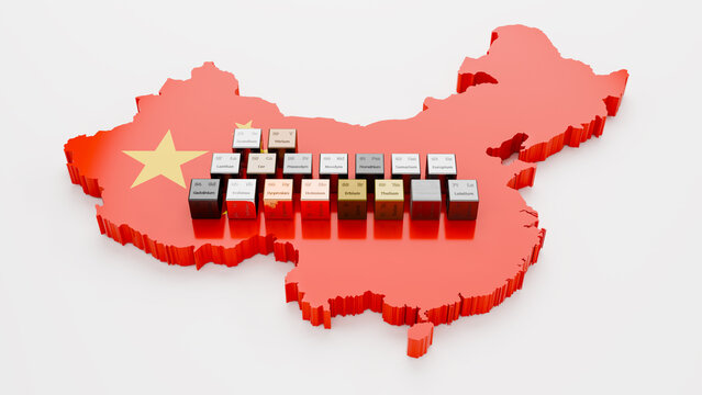 The 17 rare earth elements depicted as cubes with their atomic numbers, symbol and names engraved on the map of China. Scandium Yttrium Neodym Lanthan Terbium Lutetium Holmium Praseodym Thulium Erbium