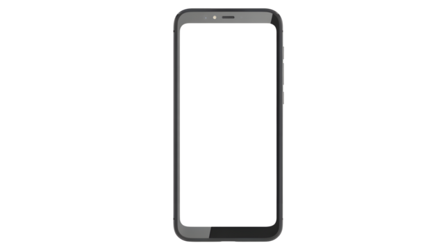 Modern smartphone with a sleek metallic frame and a blank black screen isolated on transparent background