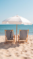Relaxing beach scene with two striped chairs under large umbrella, overlooking calm blue waters and soft sandy shore