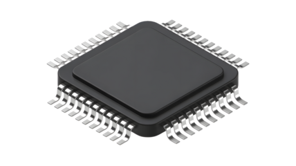 Close up isometric view of a dark gray computer microchip processor with many pins isolated on transparent background