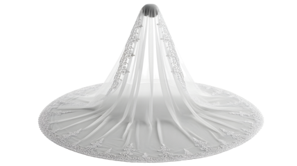 Elegant long wedding veil with intricate lace trim and delicate beading cascading down isolated on transparent background