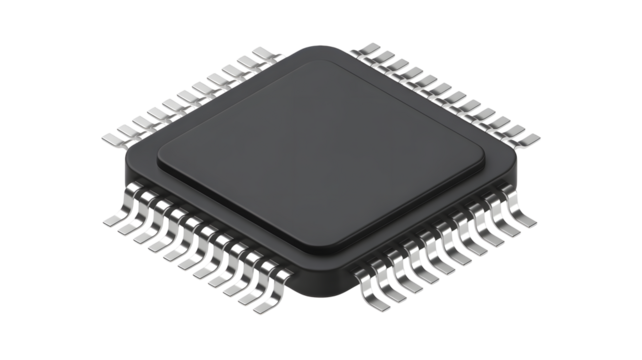 Close up isometric view of a dark gray computer microchip processor with many pins isolated on transparent background