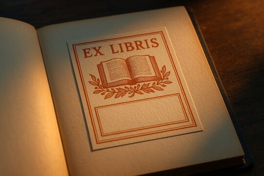 A close-up of an ex libris bookplate inside a hardcover book illuminated by warm soft light on a wooden surface