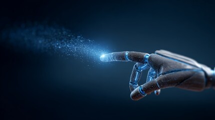 Robotic hand pointing index finger with digital data streaming from its tip, symbolizing artificial intelligence, technological advancement, and the future of computing