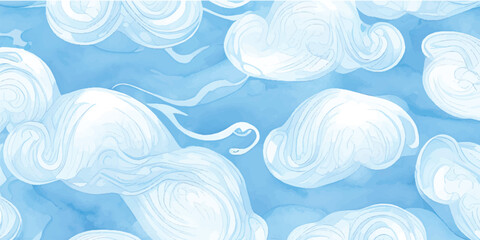 Fototapeta premium Heavenly Blue and White Watercolor Cloud Background with Gentle Fluid Waves, Misty Airy Flow, and Delicate Swirling Patterns for Serene Sky Designs, Elegant Artistic Textures,x