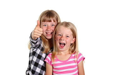 Two happy young girls smiling with thumbs up and open mouths on white background