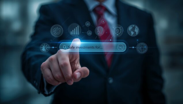 Businessman pointing his finger at a virtual search bar on a futuristic digital interface for browsing online information and data - Powered by Adobe