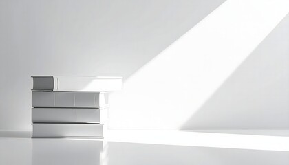 A stack of four minimalist white books on a reflective surface against a clean white background, dramatically lit by a single beam of natural light