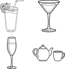 Collection of drinkware and teaware | line art illustration for simple coloring book