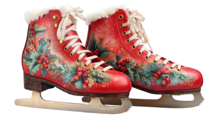 Pair of festive ice skates decorated with Christmas ornaments greenery and holiday ribbon cheerful winter decoration isolated on white background