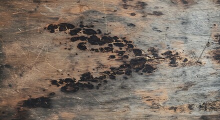 Aged Timber Surface with Abstract Black Stains and Scratched Texture