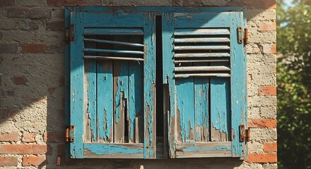 Aged Turquoise Shutters with Peeling Paint Basking in Sunlight on a Rustic Brick Wall