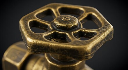 Antique Brass Valve Wheel: Close-Up of Industrial Control Mechanism on Black