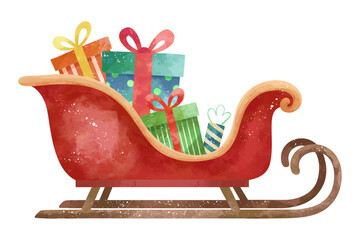 Watercolor holiday illustration. Sleighs filled with gifts. Magical hand drawn winter scene. Christmas festive mood.