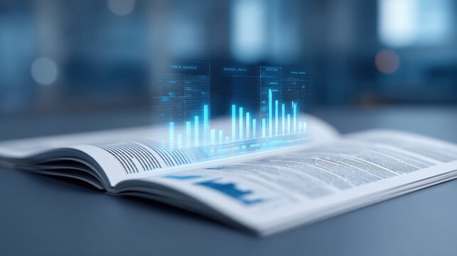 Open magazine on a table with digital graphs and data overlays illustrating trends in technology, finance, and modern business analytics