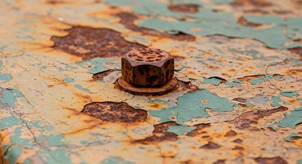 Close-up macro of a heavily rusted hex bolt and washer on peeling paint surface