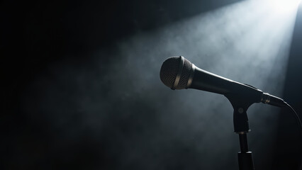 Obraz premium Microphone stands alone in spotlight, surrounded by soft smoke, creating dramatic atmosphere perfect for performances