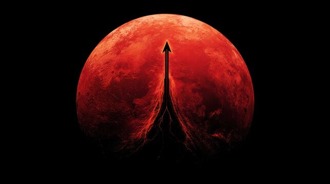 Dramatic red moon and rocket silhouetted against a black background - Powered by Adobe