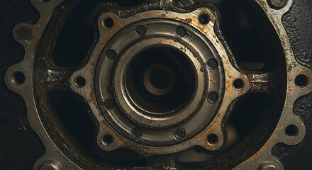 Close-Up of a Heavily Used, Oily, and Rusty Metal Flange