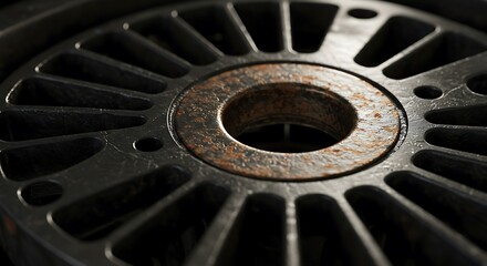 Close-up of a Rusted Wheel Hub, Dramatic Lighting, Industrial Texture.