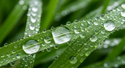 Macro close-up of fresh green grass blades covered in sparkling water droplets after rain.