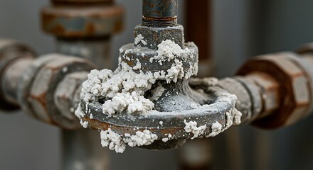 Close-up of Corroded Pipe Valve with Salt Deposits, Industrial Decay Concept.