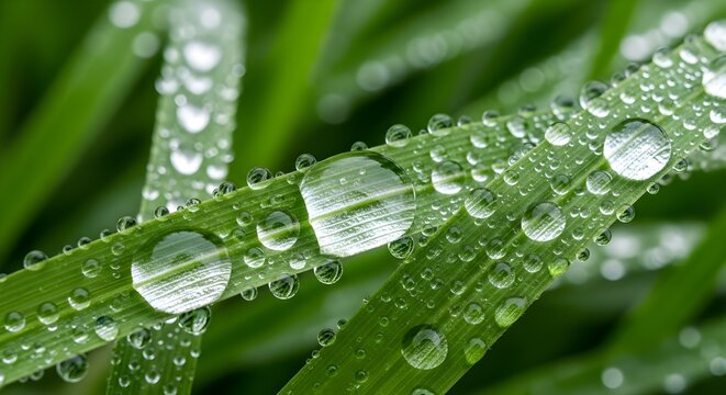 Macro close-up of fresh green grass blades covered in sparkling water droplets after rain. - Powered by Adobe