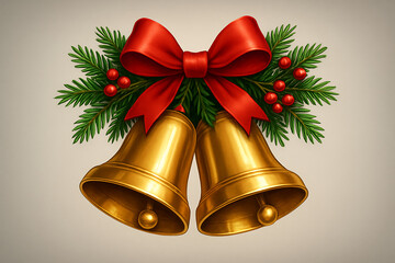 Detailed illustration of two shiny golden christmas bells tied with a bright red bow and surrounded by green pine branches and red berries on a neutral background