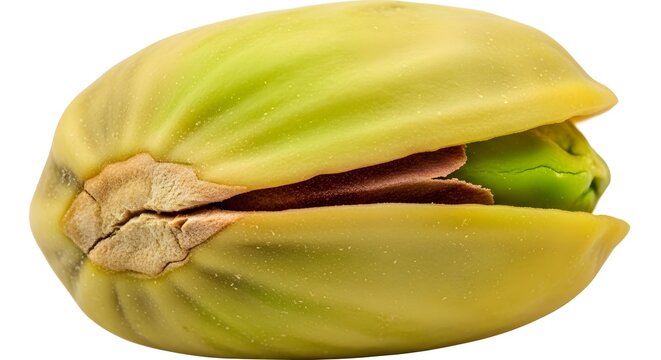 Close-up of a fresh, opened pistachio nut, showcasing the vibrant green kernel and textured shell against a clean white background.