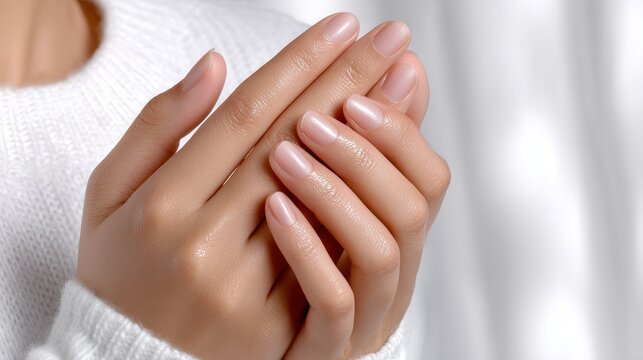 Beautifully manicured hands resting together in soft light indoors