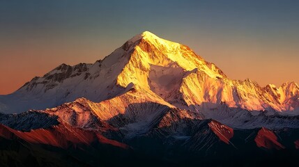 A majestic snow-capped mountain peak bathed in the warm golden hues of sunrise or sunset, with rugged terrain and dramatic shadows accentuating its grandeur.