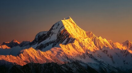 Snow-capped mountain peaks bathed in golden sunset light, showcasing majestic alpine scenery.