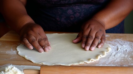 Hands skillfully rolling out dough on a wooden countertop in a home kitchen