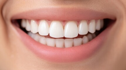 Obraz premium Close-up of a radiant and healthy smile with bright white teeth and natural lips, showcasing dental care and oral hygiene in a beautifully lit environment.