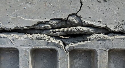 Cracked Concrete Block with Exposed Corrugated Pipe, Close-Up Detail