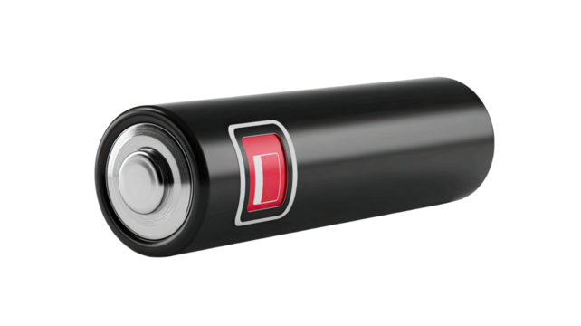 High quality 3d render of a battery with metallic surface energy charge level indicator and reflections isolated on white background
