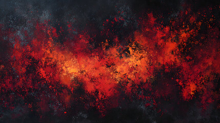 Dynamic burst of reds and oranges painted with abstract expression on a dark canvas showcasing textures and contrasts that create a sense of depth, energy, and chaotic beauty