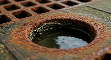 Close-up of Rusted Metal Grate with Puddle Reflecting Sky and Debris