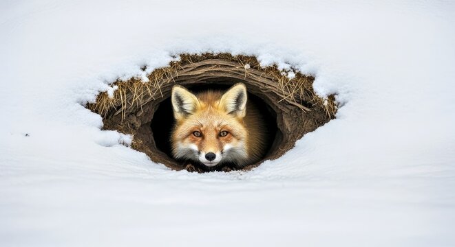 A fox peeking out of a den mouth in winter snow 1