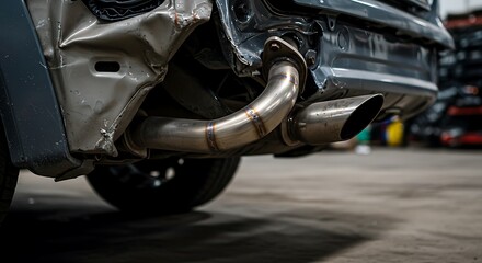 Damaged Car Exhaust System: Close-up of Bent Metal and Rust.