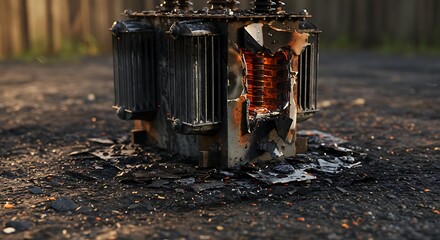 Damaged Electrical Transformer: Burnt, Exposed Core, Industrial Disaster Scene