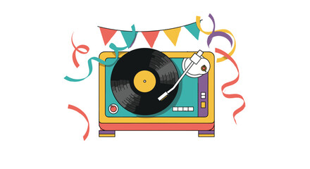 Celebrate with vibrant retro record player, confetti, and festive party bunting decorations