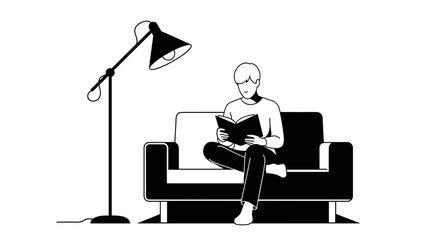 Fototapeta premium Man reading book under lamp on sofa, relaxing at home, cozy indoor scene, leisure time