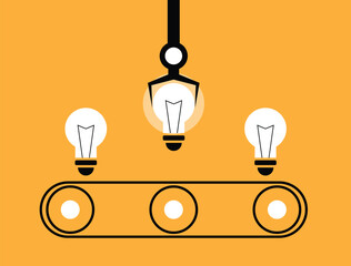 Robot Hand at the Factory Taking a Shining Light Bulb Colorful Background. Technology and industry idea vector art